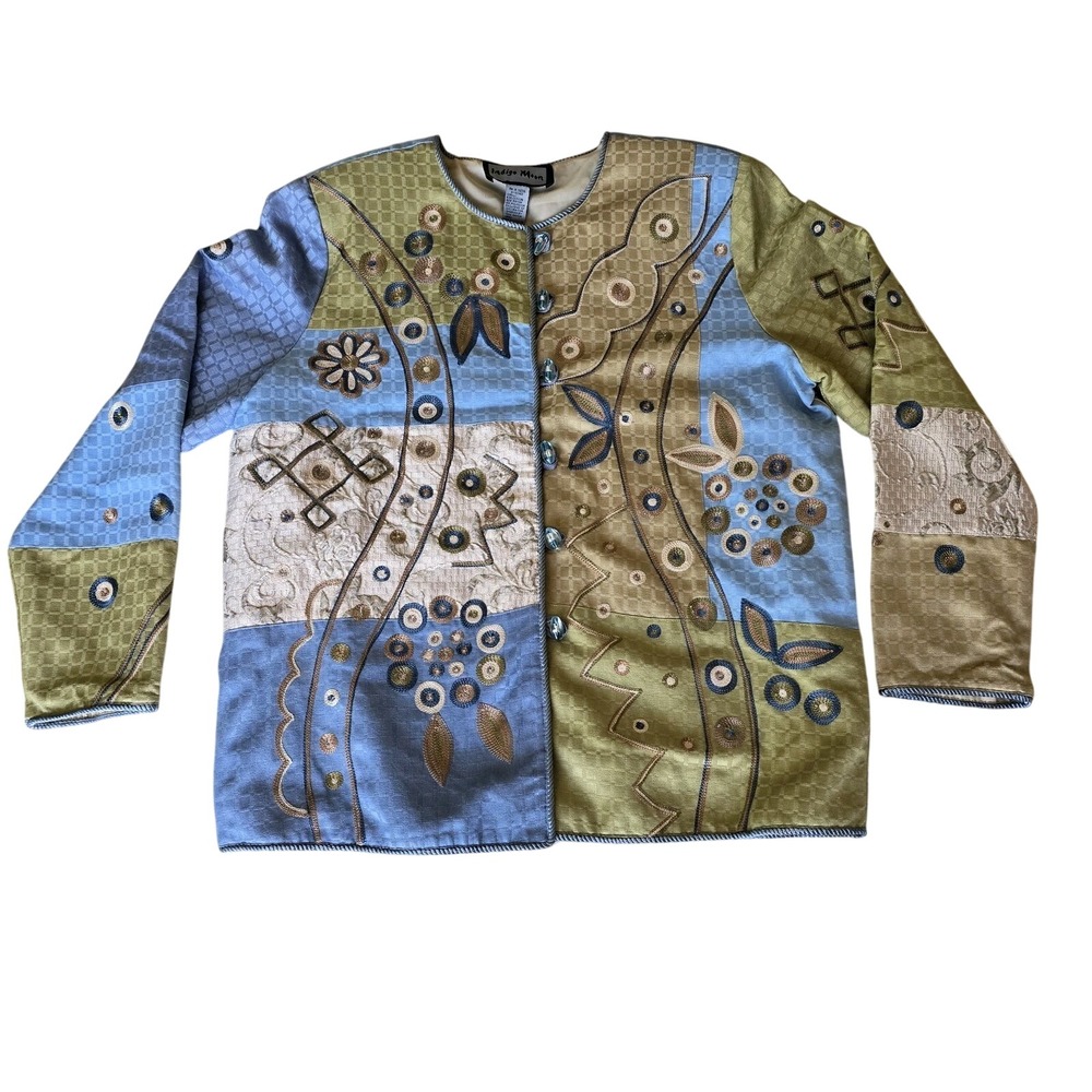 Indigo Moon Jacket Womens‎ L Patchwork BOHO CHIC Toggles Artsy Hippie Embroidery
